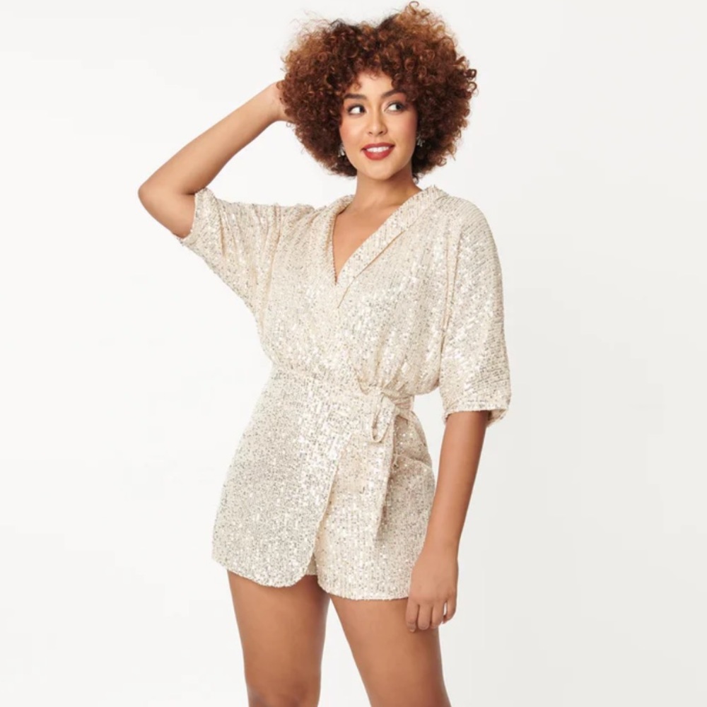 Cream and Silver sequin wrap romper